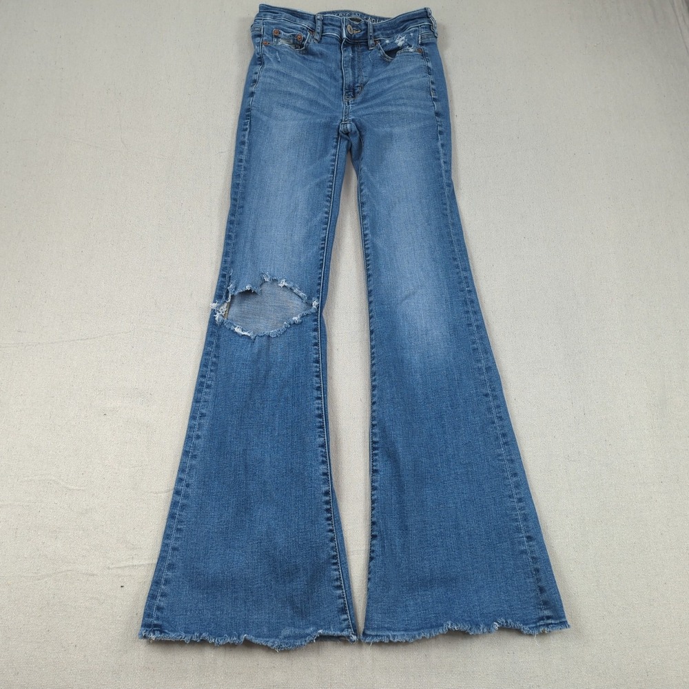 American Eagle Jeans Womens 00 Blue Super High Rise Flare Boho Hippie Distressed